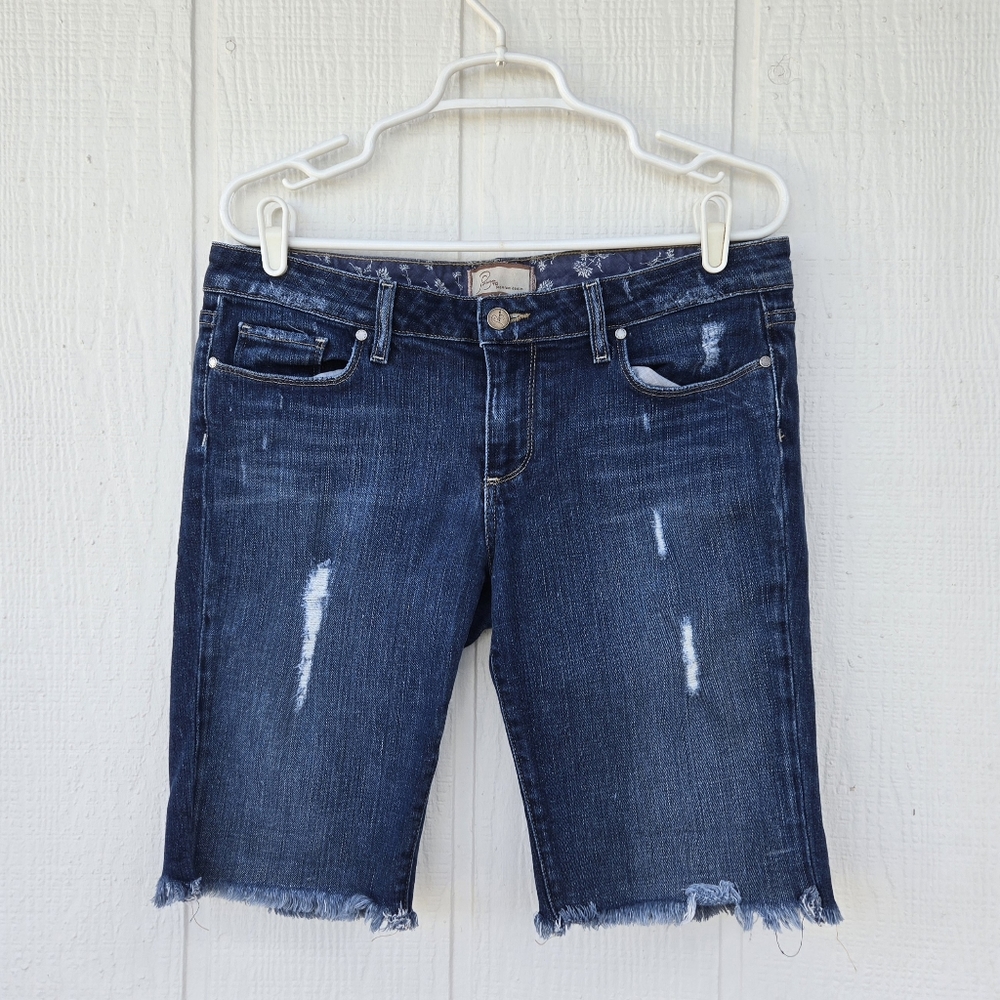 Paige Distressed Frayed Stretchy Jean Shorts Bermuda Cutoffs Dark Wash sz 30